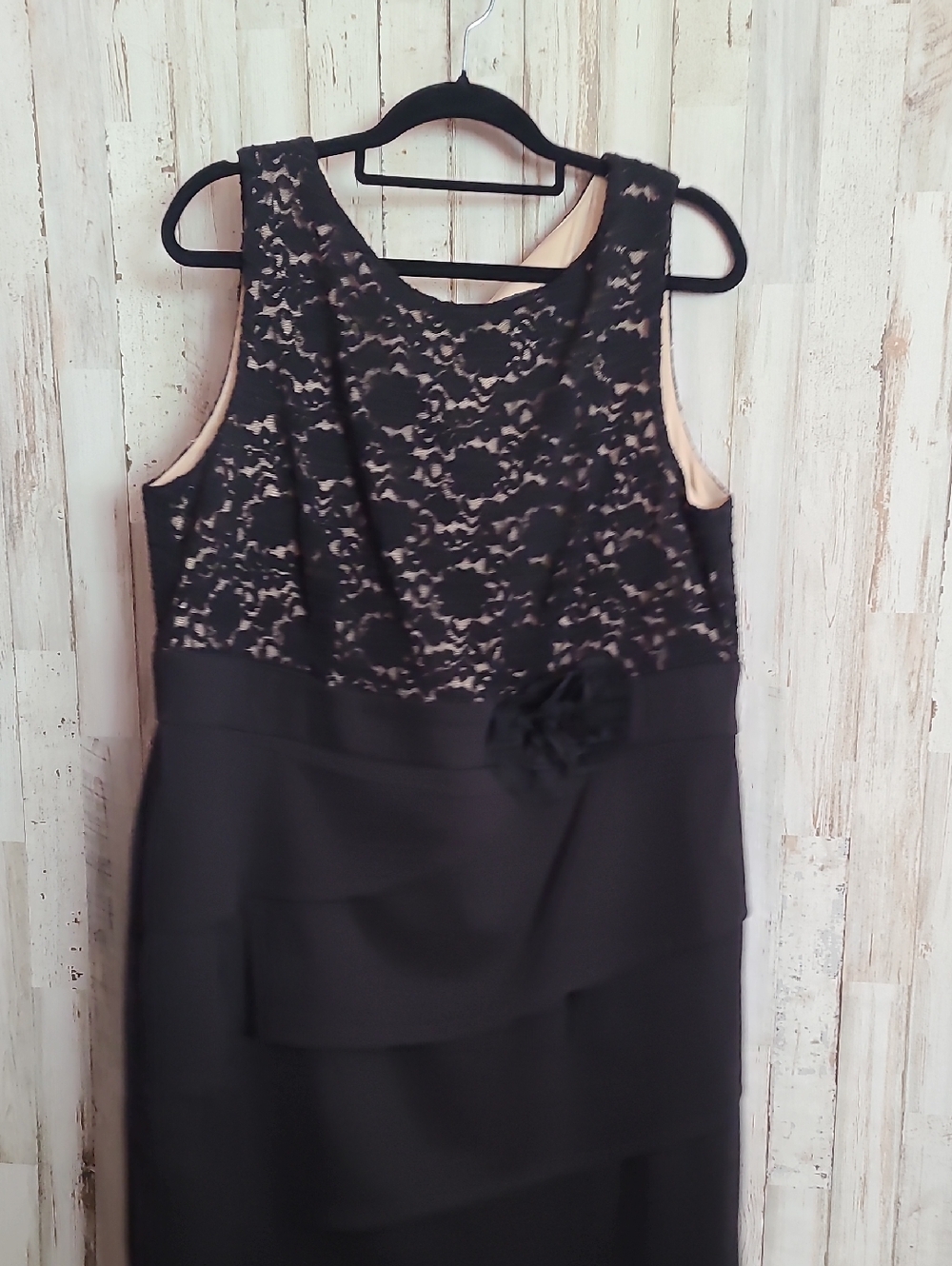 connected apparel Black Lace Overlay Midi Dress with Floral Waist Accent